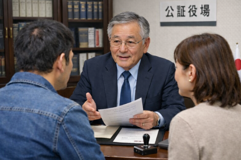 公正証書と養育費のイメージ（書面・ペン）
