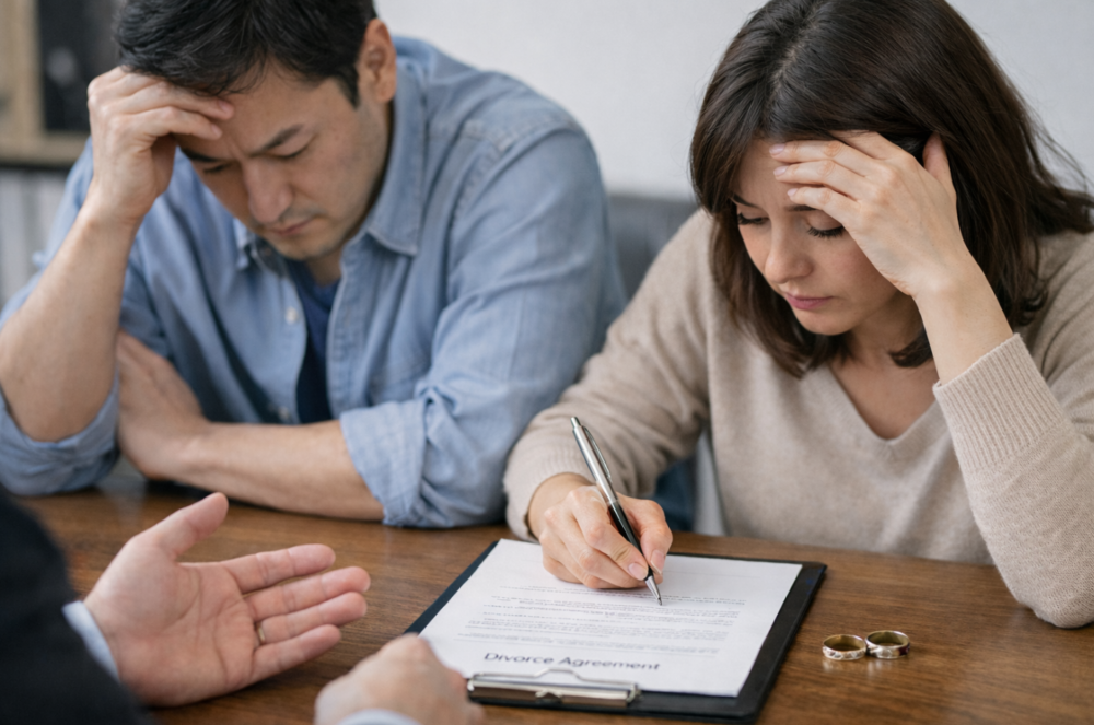 離婚協議書を作成するイメージ（書面・ペン・テーブル）