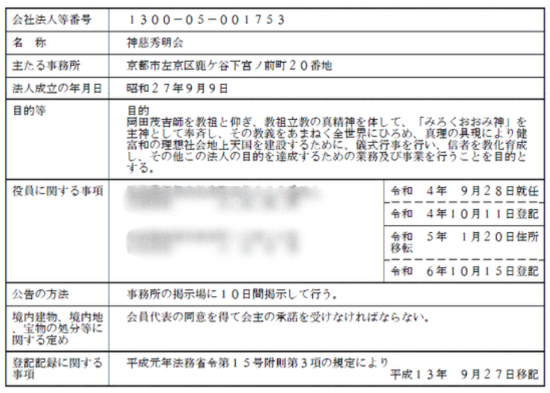 神慈秀明会の登記簿謄本上の主たる事務所