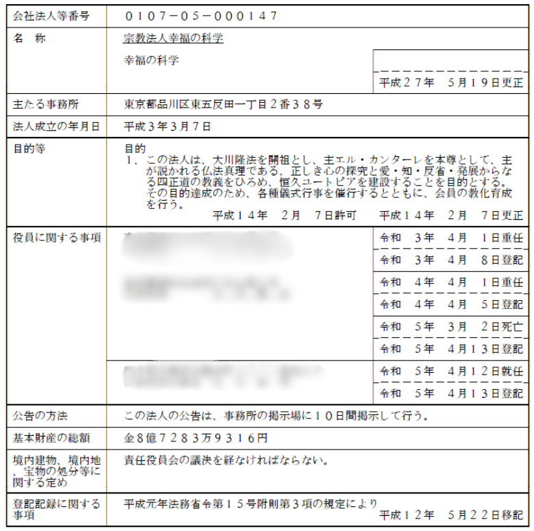 幸福の科学の登記簿謄本に記載された主たる事務所の確認例