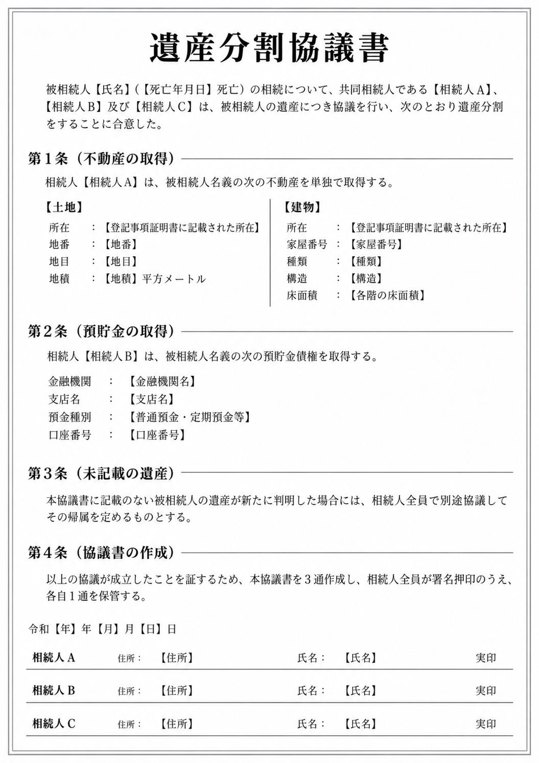 遺産分割協議書の基本的なひな形・記載例