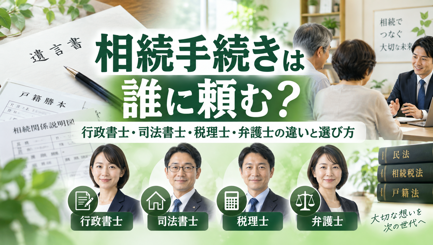 相続手続きは誰に頼む？行政書士・司法書士・税理士・弁護士の違いと選び方