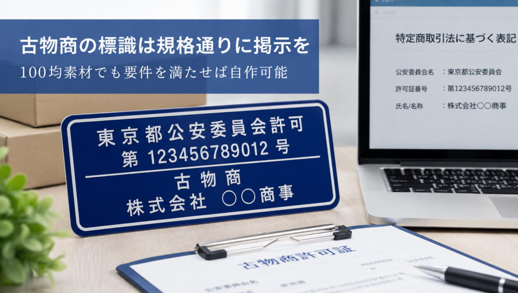 古物商の標識プレートは100均で作っても大丈夫か—規格・記載内容・掲示方法を実務目線で解説