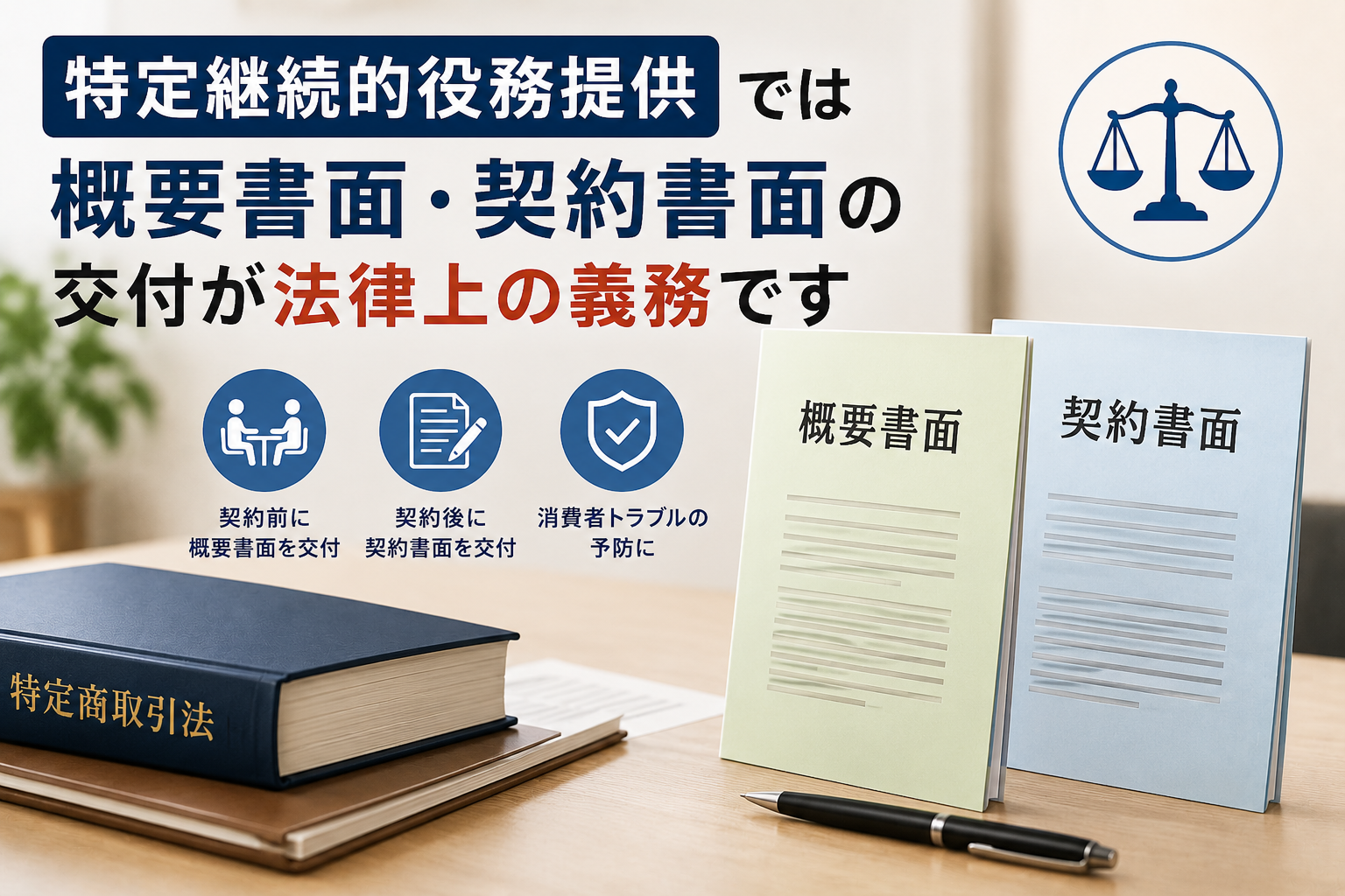 特定継続的役務提供では概要書面・契約書面が法律上義務付けられています
